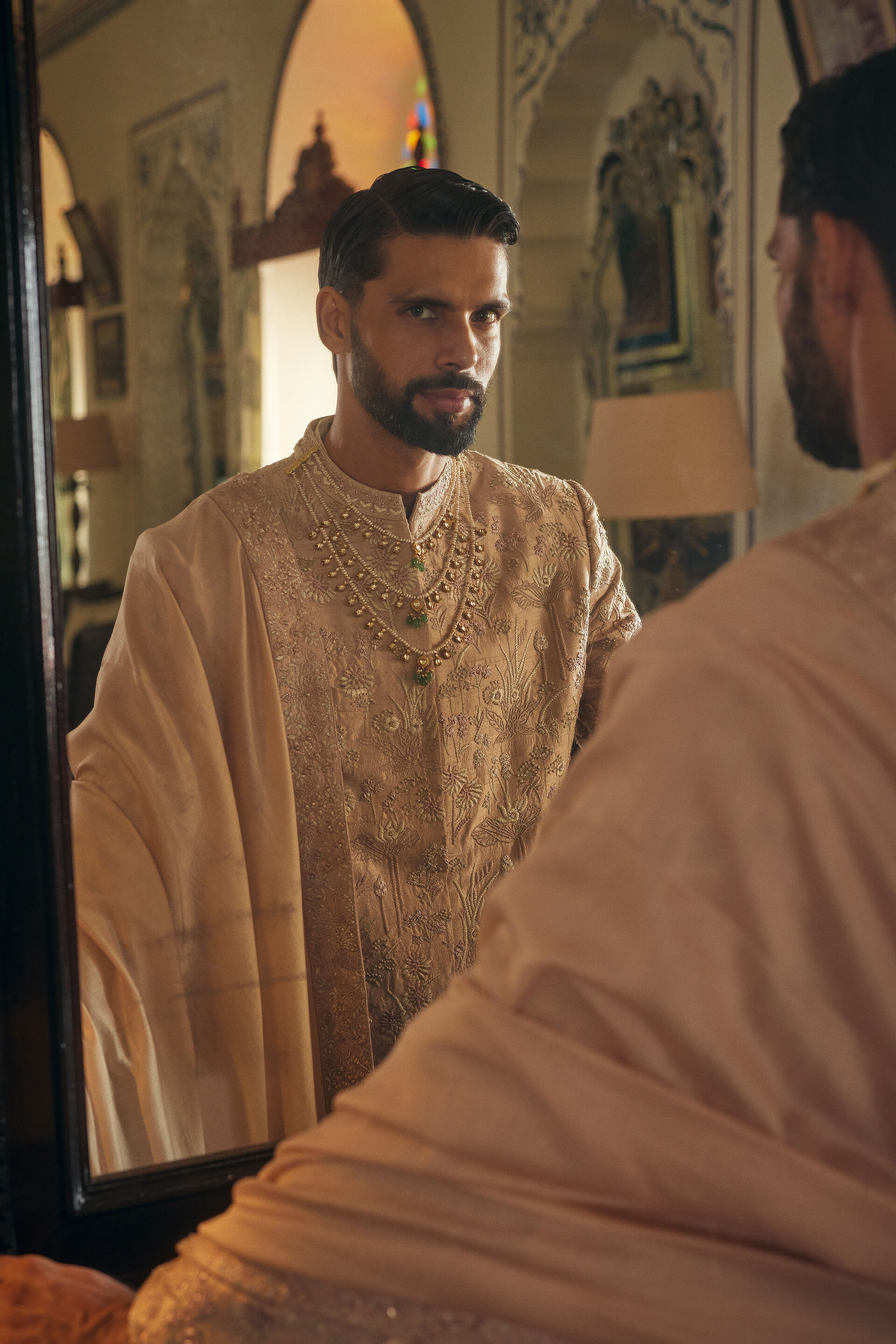 Mahanil Embroidered Silk Sherwani - Champagne, Champagne, image 4